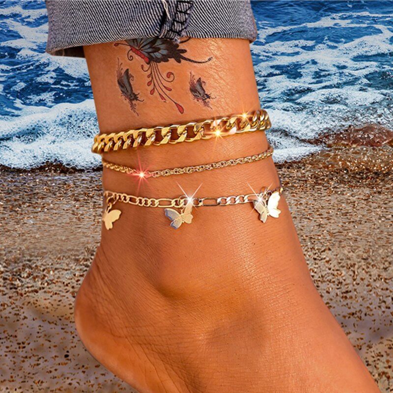 Victoria's Vogue Bohemian Gold Butterfly Chain Anklets Set For Women Girls Fashion Multi-layer Anklet Foot Ankle Bracelet Beach Jewelry