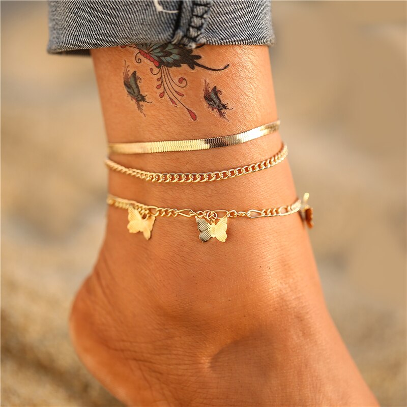 Victoria's Vogue Bohemian Gold Butterfly Chain Anklets Set For Women Girls Fashion Multi-layer Anklet Foot Ankle Bracelet Beach Jewelry