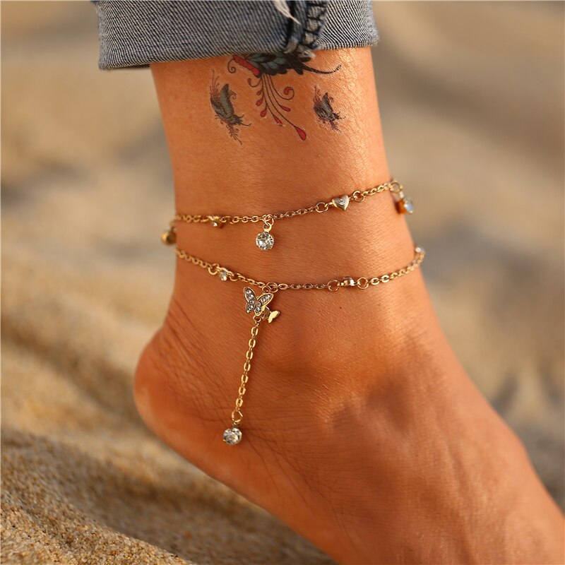 Victoria's Vogue Bohemian Gold Butterfly Chain Anklets Set For Women Girls Fashion Multi-layer Anklet Foot Ankle Bracelet Beach Jewelry