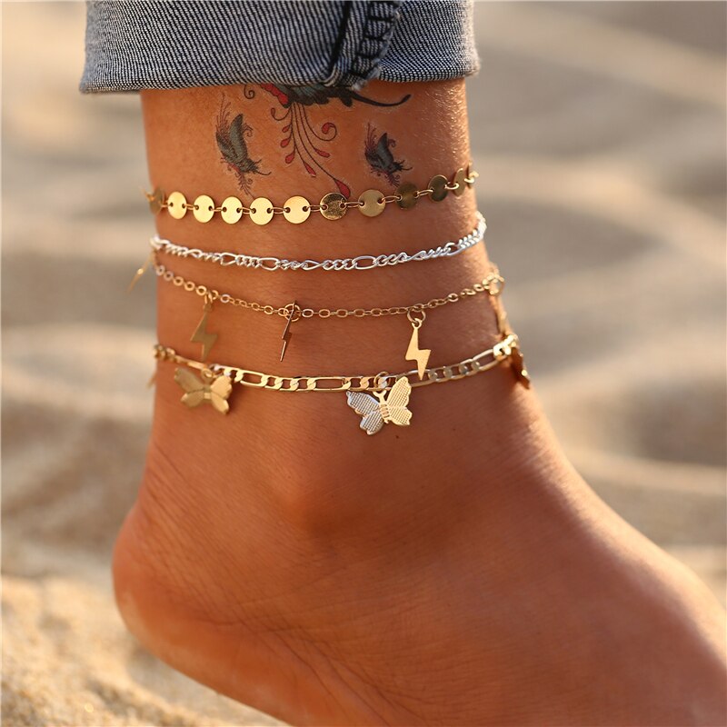Victoria's Vogue Bohemian Gold Butterfly Chain Anklets Set For Women Girls Fashion Multi-layer Anklet Foot Ankle Bracelet Beach Jewelry