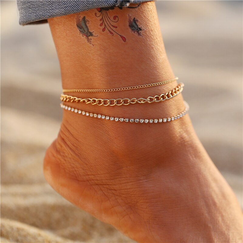 Victoria's Vogue Trendy Multilayered Crystal Anklets Set For Women Girls Gold Thick Chain Anklet Foot Ankle Bracelet Leg Chain Jewelry