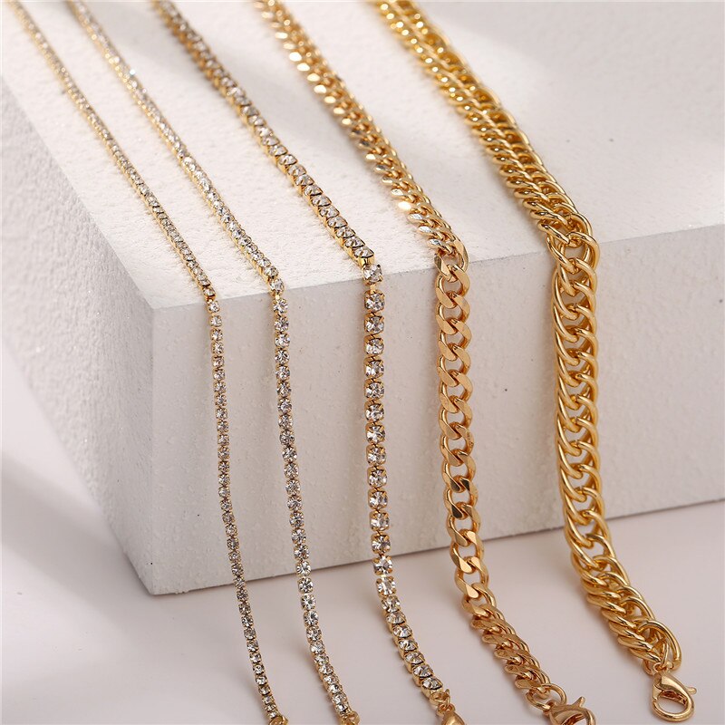Victoria's Vogue Trendy Multilayered Crystal Anklets Set For Women Girls Gold Thick Chain Anklet Foot Ankle Bracelet Leg Chain Jewelry