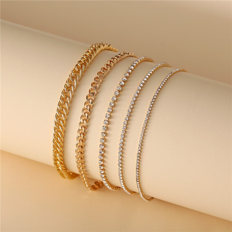 Victoria's Vogue Trendy Multilayered Crystal Anklets Set For Women Girls Gold Thick Chain Anklet Foot Ankle Bracelet Leg Chain Jewelry