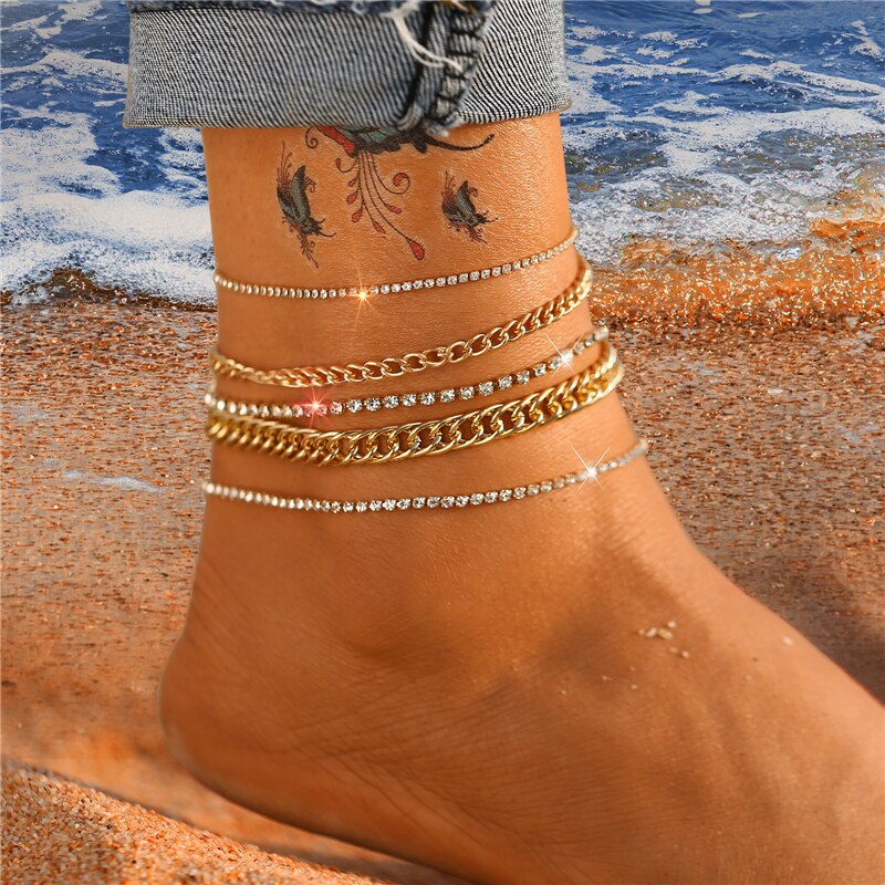 Victoria's Vogue Trendy Multilayered Crystal Anklets Set For Women Girls Gold Thick Chain Anklet Foot Ankle Bracelet Leg Chain Jewelry