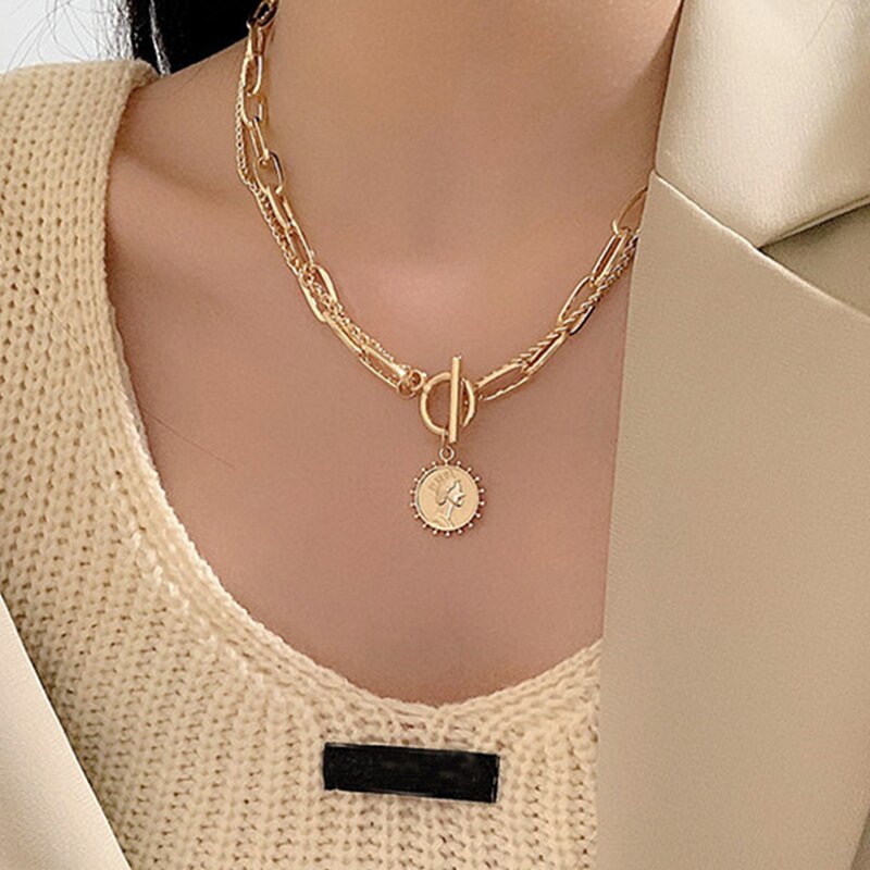 Victoria's Vogue Punk Multilayered Cross Lock Pendant Necklace For Women Silver Color Portrait Coin Chain Choker Necklaces 2021 Jewelry