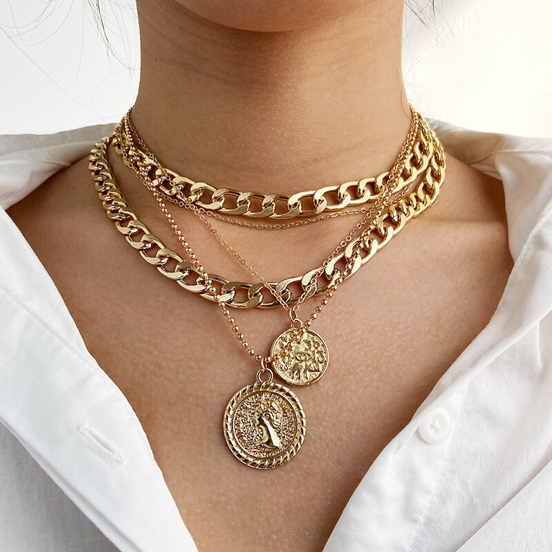 Victoria's Vogue Punk Multilayered Cross Lock Pendant Necklace For Women Silver Color Portrait Coin Chain Choker Necklaces 2021 Jewelry