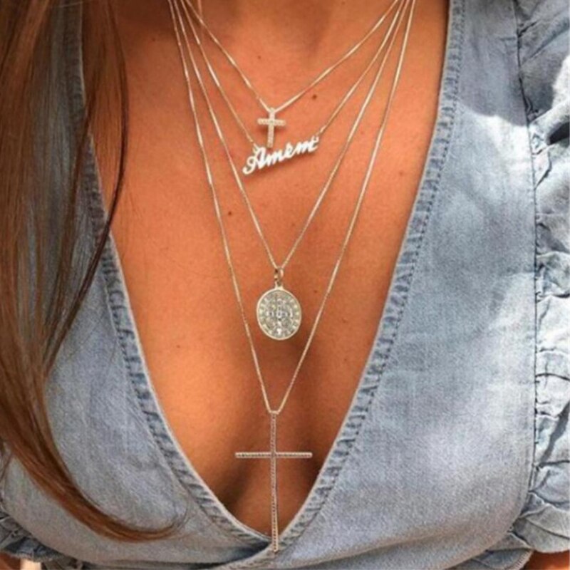 Victoria's Vogue Punk Multilayered Cross Lock Pendant Necklace For Women Silver Color Portrait Coin Chain Choker Necklaces 2021 Jewelry