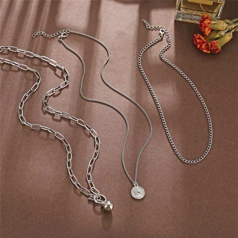 Victoria's Vogue Punk Multilayered Cross Lock Pendant Necklace For Women Silver Color Portrait Coin Chain Choker Necklaces 2021 Jewelry