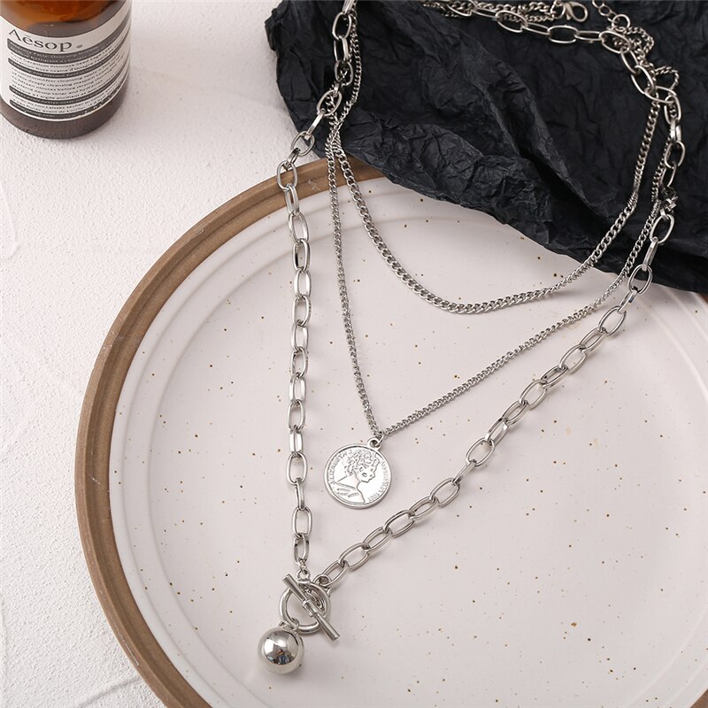 Victoria's Vogue Punk Multilayered Cross Lock Pendant Necklace For Women Silver Color Portrait Coin Chain Choker Necklaces 2021 Jewelry