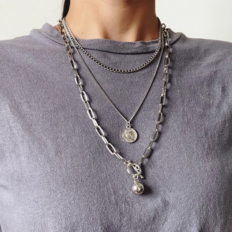Victoria's Vogue Punk Multilayered Cross Lock Pendant Necklace For Women Silver Color Portrait Coin Chain Choker Necklaces 2021 Jewelry