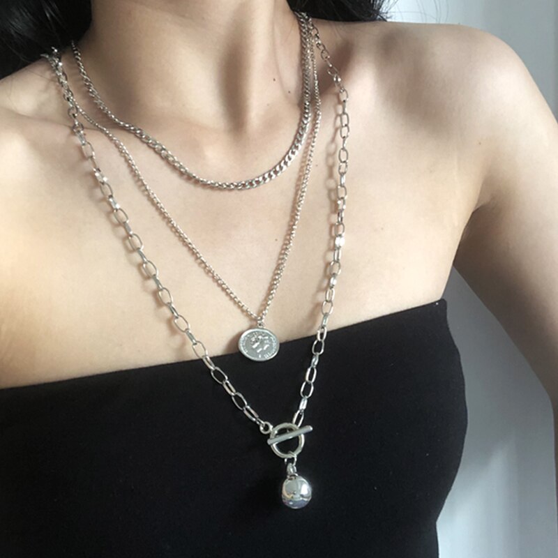 Victoria's Vogue Punk Multilayered Cross Lock Pendant Necklace For Women Silver Color Portrait Coin Chain Choker Necklaces 2021 Jewelry