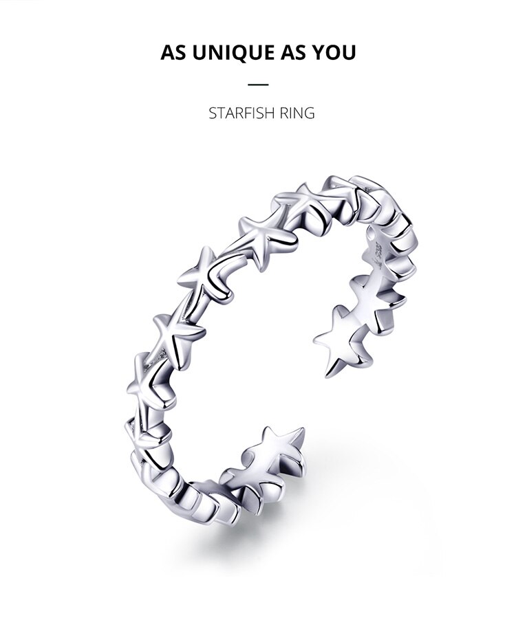Victoria's Vogue Real  925 Sterling Silver Design Starfish Stackable Finger Rings for Women Adjustable Open Rings Free Size Jewelry