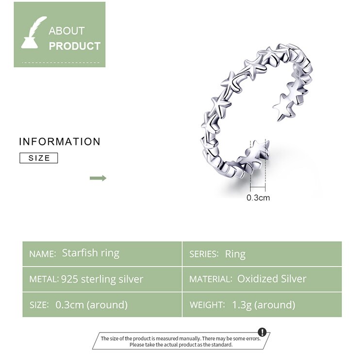 Victoria's Vogue Real  925 Sterling Silver Design Starfish Stackable Finger Rings for Women Adjustable Open Rings Free Size Jewelry