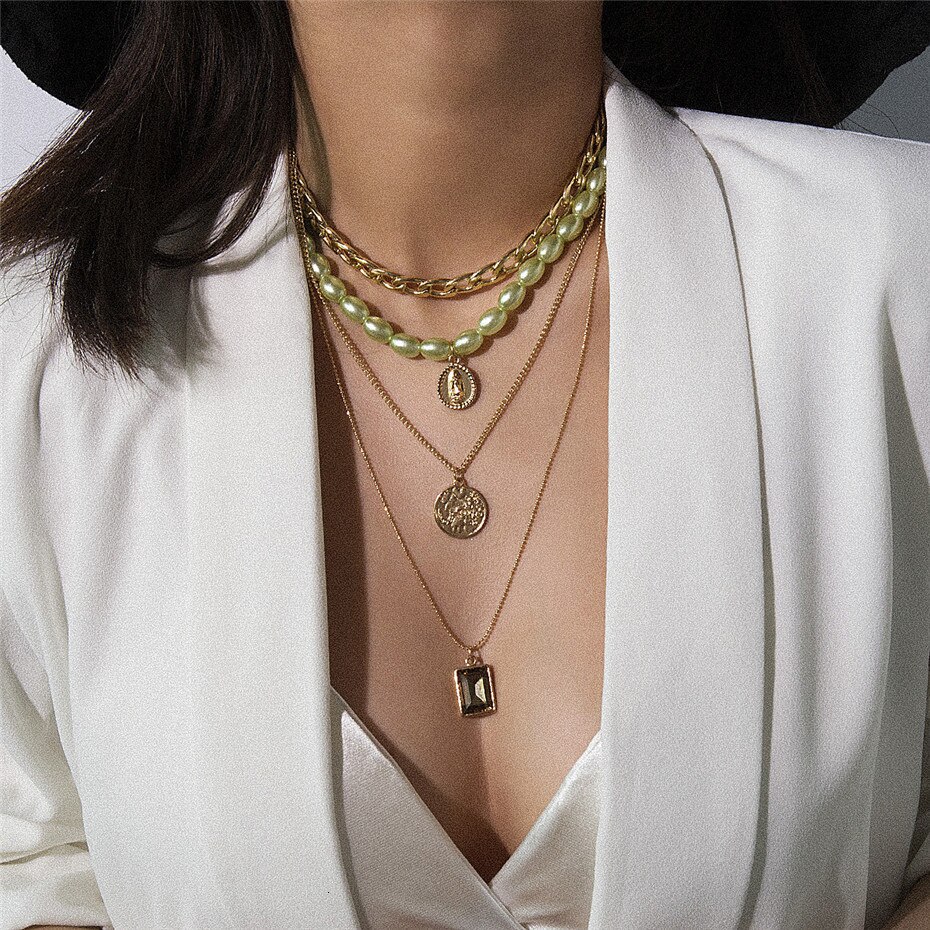 Victoria's Vogue Punk Multi Layered Pearl Choker Necklace Collar Statement Virgin Mary Coin Crystal Pendant Necklace Women Jewelry Victoria's Vogue Punk Multi Layered Pearl Choker Necklace Collar Statement Virgin Mary Coin Crystal Pendant Necklace Women Jewelry