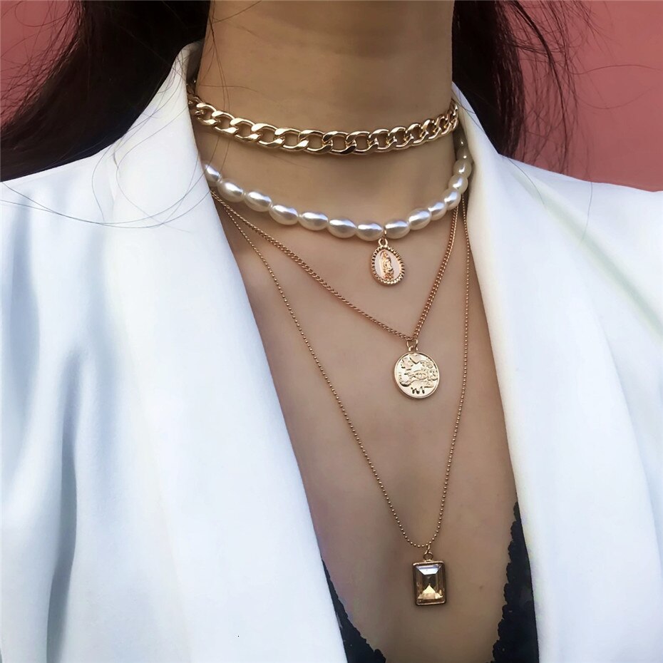 Victoria's Vogue Punk Multi Layered Pearl Choker Necklace Collar Statement Virgin Mary Coin Crystal Pendant Necklace Women Jewelry Victoria's Vogue Punk Multi Layered Pearl Choker Necklace Collar Statement Virgin Mary Coin Crystal Pendant Necklace Women Jewelry