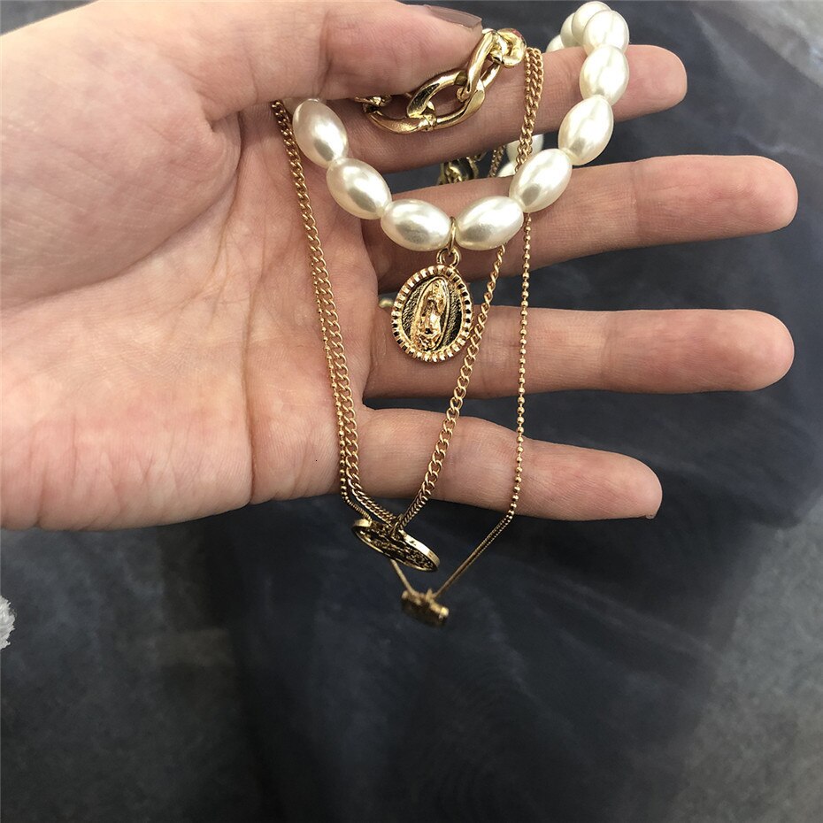 Victoria's Vogue Punk Multi Layered Pearl Choker Necklace Collar Statement Virgin Mary Coin Crystal Pendant Necklace Women Jewelry Victoria's Vogue Punk Multi Layered Pearl Choker Necklace Collar Statement Virgin Mary Coin Crystal Pendant Necklace Women Jewelry