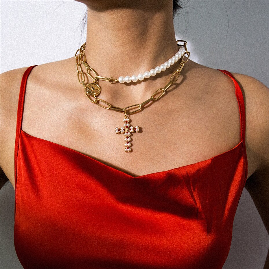 Victoria's Vogue Punk Multi Layered Pearl Choker Necklace Collar Statement Virgin Mary Coin Crystal Pendant Necklace Women Jewelry Victoria's Vogue Punk Multi Layered Pearl Choker Necklace Collar Statement Virgin Mary Coin Crystal Pendant Necklace Women Jewelry