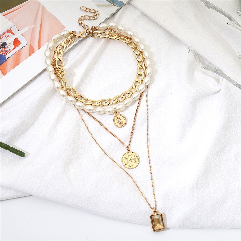 Victoria's Vogue Punk Multi Layered Pearl Choker Necklace Collar Statement Virgin Mary Coin Crystal Pendant Necklace Women Jewelry Victoria's Vogue Punk Multi Layered Pearl Choker Necklace Collar Statement Virgin Mary Coin Crystal Pendant Necklace Women Jewelry
