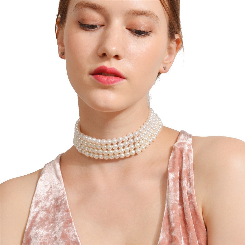 Victoria's Vogue Bohemian Multi Layered Simulated Pearl Choker Necklace Collar Statement Boho Clavicle Chain Necklace Women Jewelry