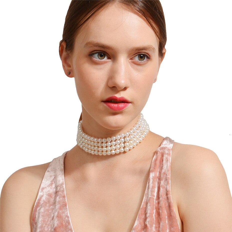 Victoria's Vogue Bohemian Multi Layered Simulated Pearl Choker Necklace Collar Statement Boho Clavicle Chain Necklace Women Jewelry