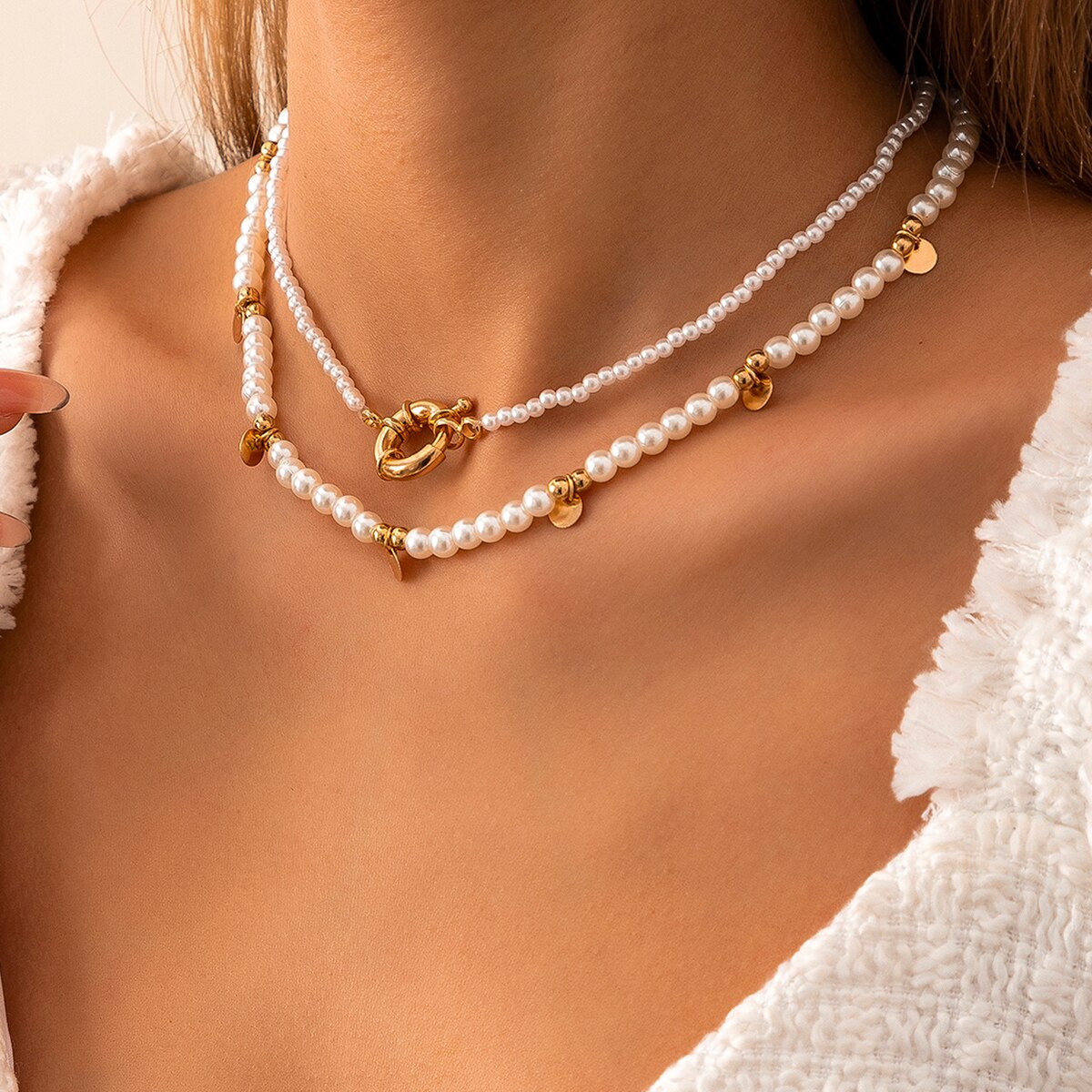 Victoria's Vogue 2Pcs/Set Boho Copper Sequins Tassle Pendant Necklace Imitation Pearl Chain Choker Necklaces Collar for Women Jewelry