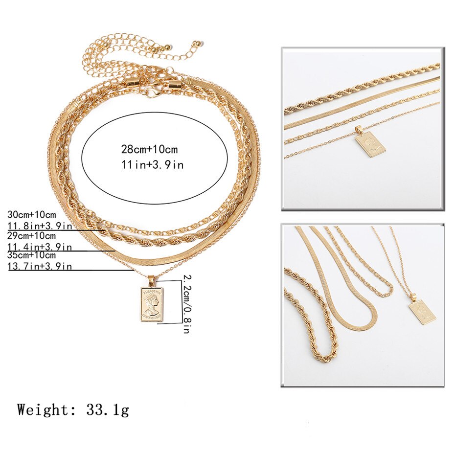 Victoria's Vogue 4Pcs/Set Multi Layer Twisted Metal Rope Chain Choker Necklace Vintage Carved Coin Portrait Pendant Necklaces Jewelry