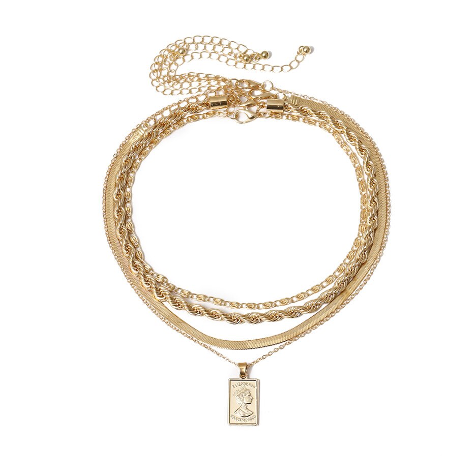 Victoria's Vogue 4Pcs/Set Multi Layer Twisted Metal Rope Chain Choker Necklace Vintage Carved Coin Portrait Pendant Necklaces Jewelry