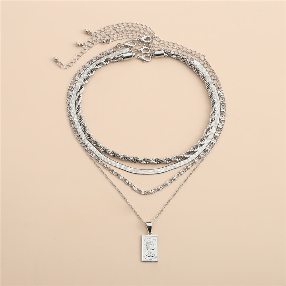 Victoria's Vogue 4Pcs/Set Multi Layer Twisted Metal Rope Chain Choker Necklace Vintage Carved Coin Portrait Pendant Necklaces Jewelry