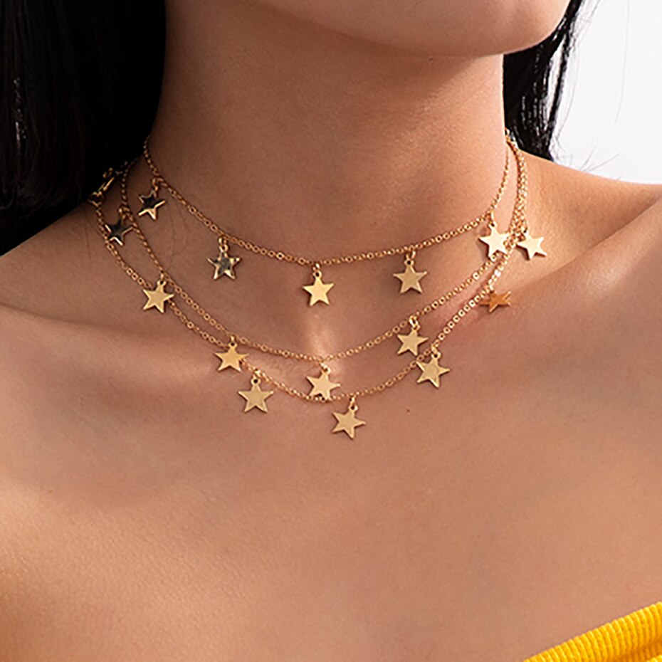 Victoria's Vogue Simple Minimalist Multiple Pendant Necklace Statement Gold Color Star Tassel Choker Necklaces Collar Women Jewelry