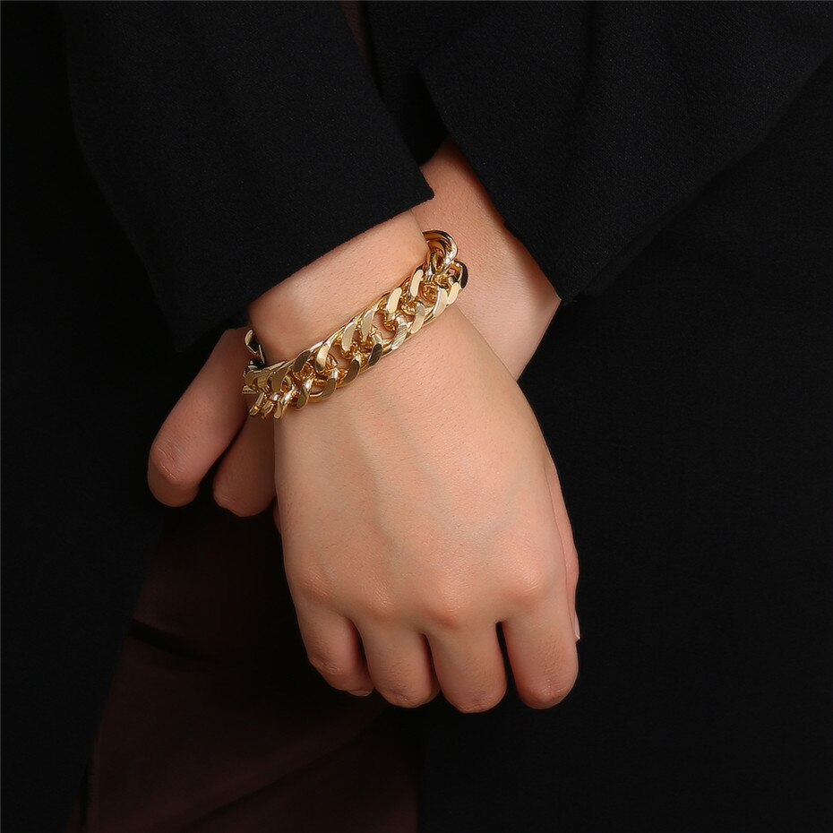 Victoria's Vogue Fashion Curb Cuban Chunky Thick Bracelets Bangles Punk Hip Hop Gold Color Friendship Bracelets Women Jewelry Party