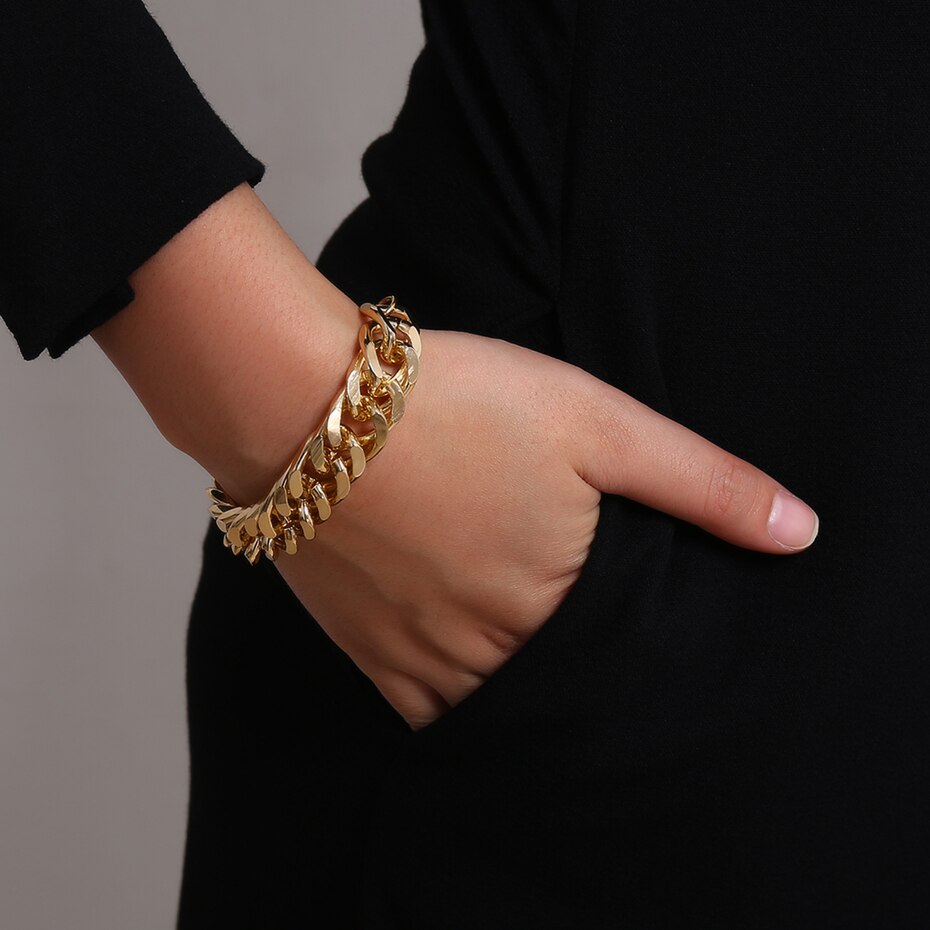 Victoria's Vogue Fashion Curb Cuban Chunky Thick Bracelets Bangles Punk Hip Hop Gold Color Friendship Bracelets Women Jewelry Party