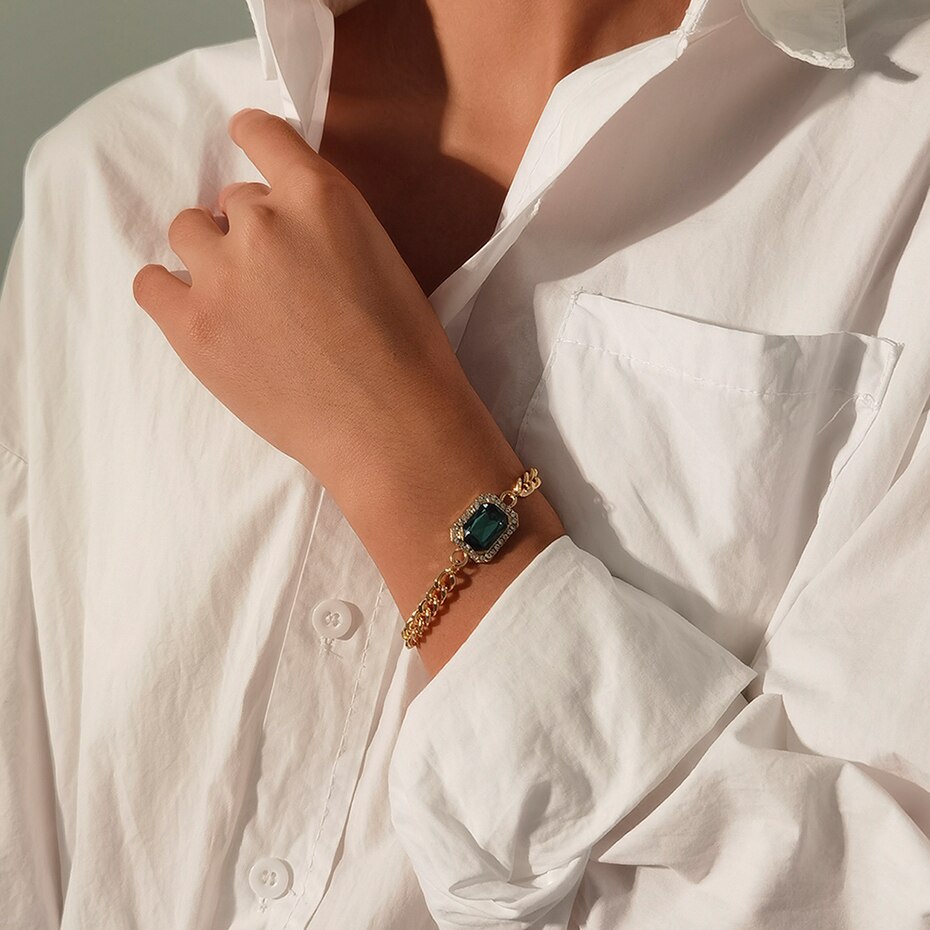 Victoria's Vogue Shiny Green Color Rhinestone Crystal Bracelets Bangles Charm Elegant Curb Cuban Wrist Chain Bracelets Women Jewelry