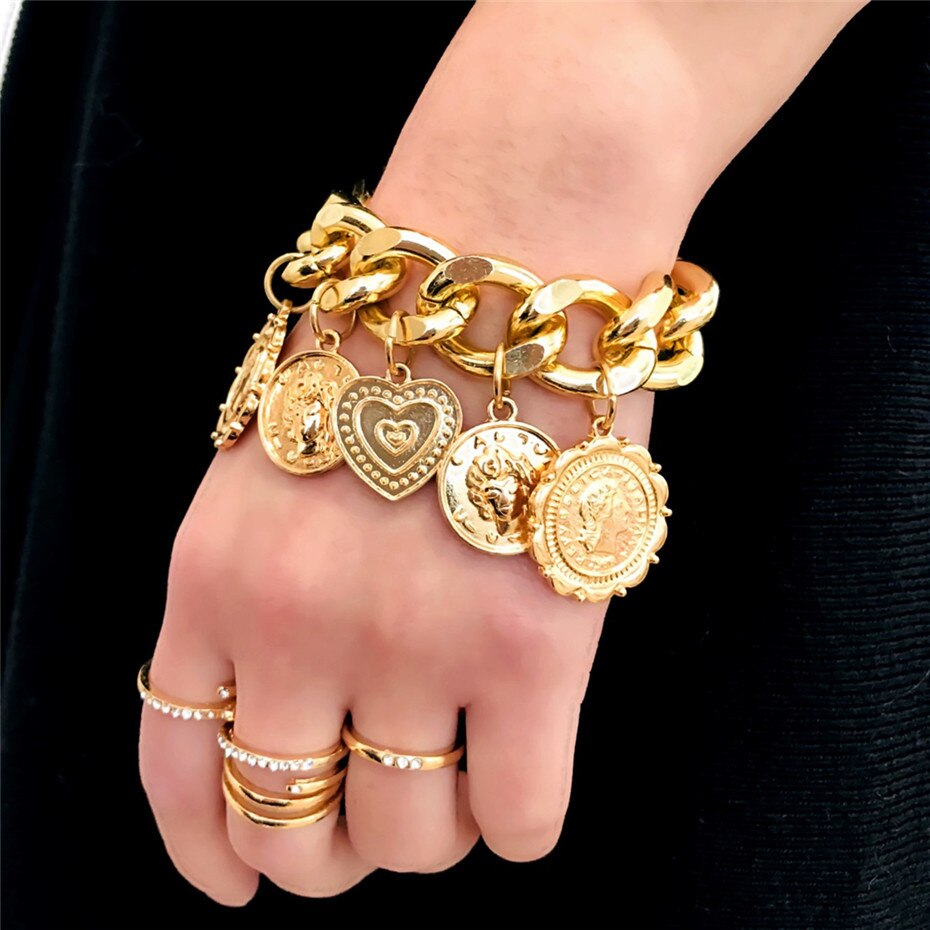 Victoria's Vogue Vintage Carved Coin Heart Bracelets Bangles Charm Curb Cuban Multiple Pendants Bracelets for Women Men Jewelry Gifts Victoria's Vogue Vintage Carved Coin Heart Bracelets Bangles Charm Curb Cuban Multiple Pendants Bracelets for Women Men Jewelry Gifts