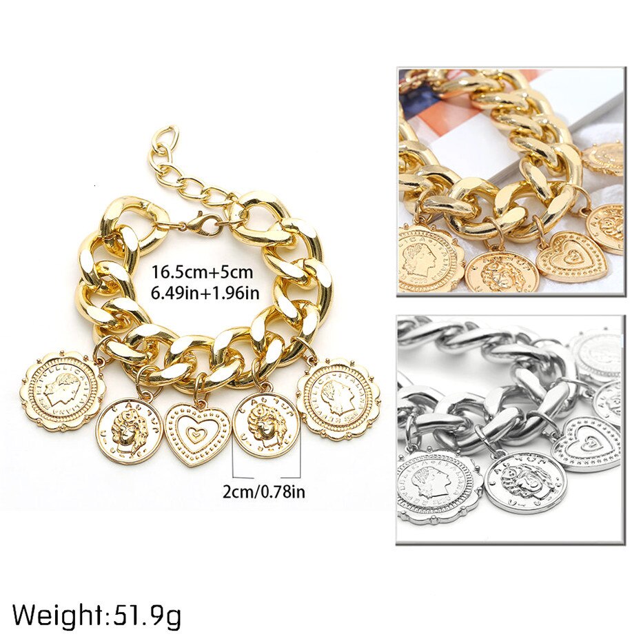 Victoria's Vogue Vintage Carved Coin Heart Bracelets Bangles Charm Curb Cuban Multiple Pendants Bracelets for Women Men Jewelry Gifts Victoria's Vogue Vintage Carved Coin Heart Bracelets Bangles Charm Curb Cuban Multiple Pendants Bracelets for Women Men Jewelry Gifts
