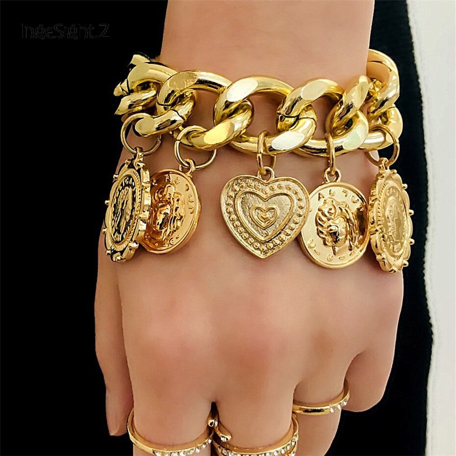 Victoria's Vogue Vintage Carved Coin Heart Bracelets Bangles Charm Curb Cuban Multiple Pendants Bracelets for Women Men Jewelry Gifts Victoria's Vogue Vintage Carved Coin Heart Bracelets Bangles Charm Curb Cuban Multiple Pendants Bracelets for Women Men Jewelry Gifts