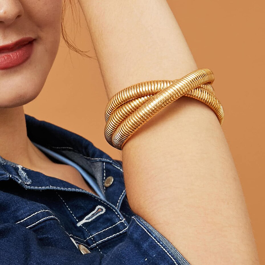 Victoria's Vogue Multi Layered Punk Exaggerated Curb Cuban Thick Bracelet Bangle Charm Gold Color Elastic Bracelets for Women Jewelry