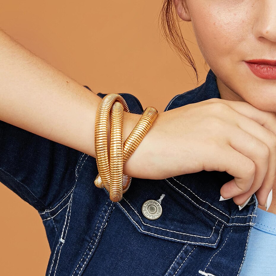 Victoria's Vogue Multi Layered Punk Exaggerated Curb Cuban Thick Bracelet Bangle Charm Gold Color Elastic Bracelets for Women Jewelry