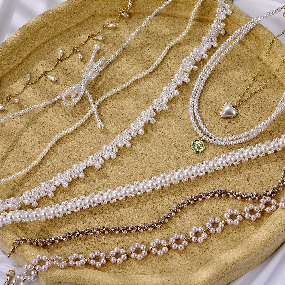 Victoriasvogue Dainty Pearl Flower Bow-knot Choker Necklace Long Chain Pearl Heart Gold Coin Pendant Necklaces For Women Fashion Jewelry