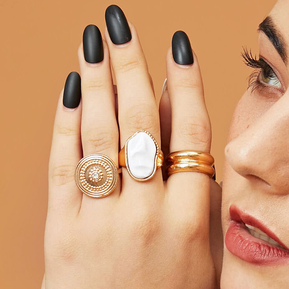 Victoria's Vogue 3Pcs/Set Punk Imitation Pearl Rings Vintage Gold Color Crystal Geometric Knuckle Finger Big Rings for Women Jewelry