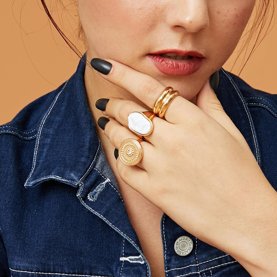 Victoria's Vogue 3Pcs/Set Punk Imitation Pearl Rings Vintage Gold Color Crystal Geometric Knuckle Finger Big Rings for Women Jewelry