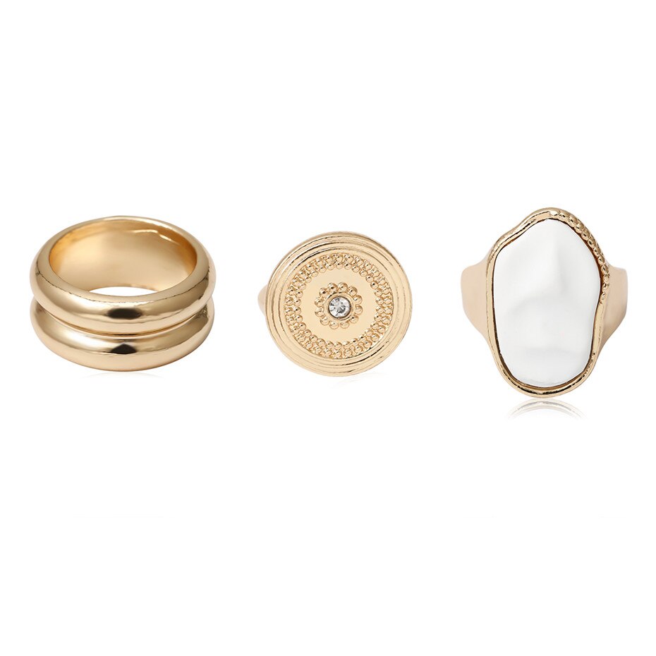 Victoria's Vogue 3Pcs/Set Punk Imitation Pearl Rings Vintage Gold Color Crystal Geometric Knuckle Finger Big Rings for Women Jewelry