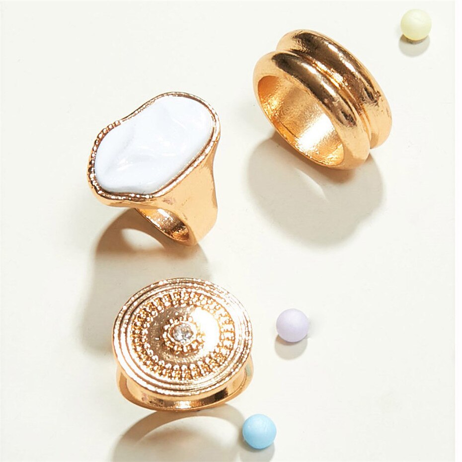 Victoria's Vogue 3Pcs/Set Punk Imitation Pearl Rings Vintage Gold Color Crystal Geometric Knuckle Finger Big Rings for Women Jewelry