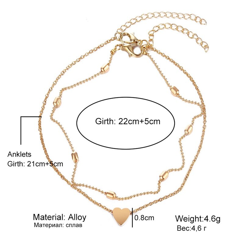 Victoria's Vogue Two Layers Chain Heart Style Gold/Silver Color Anklets For Women Bracelets Summer Barefoot Sandals Jewelry On Foot Leg Chai