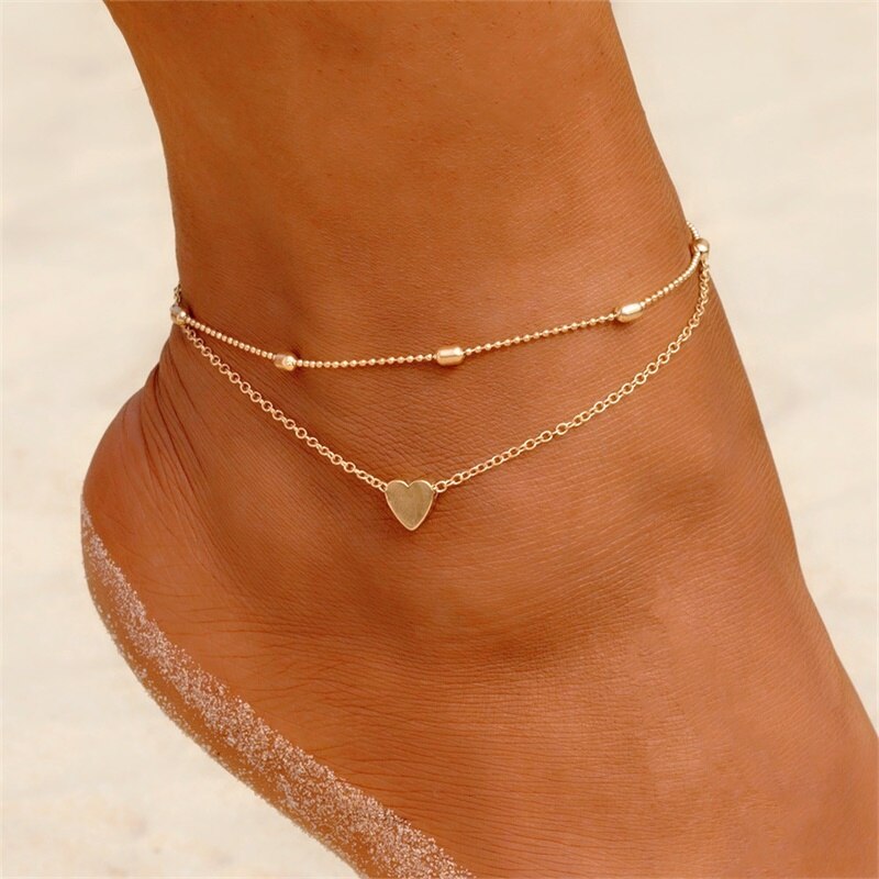 Victoria's Vogue Two Layers Chain Heart Style Gold/Silver Color Anklets For Women Bracelets Summer Barefoot Sandals Jewelry On Foot Leg Chai