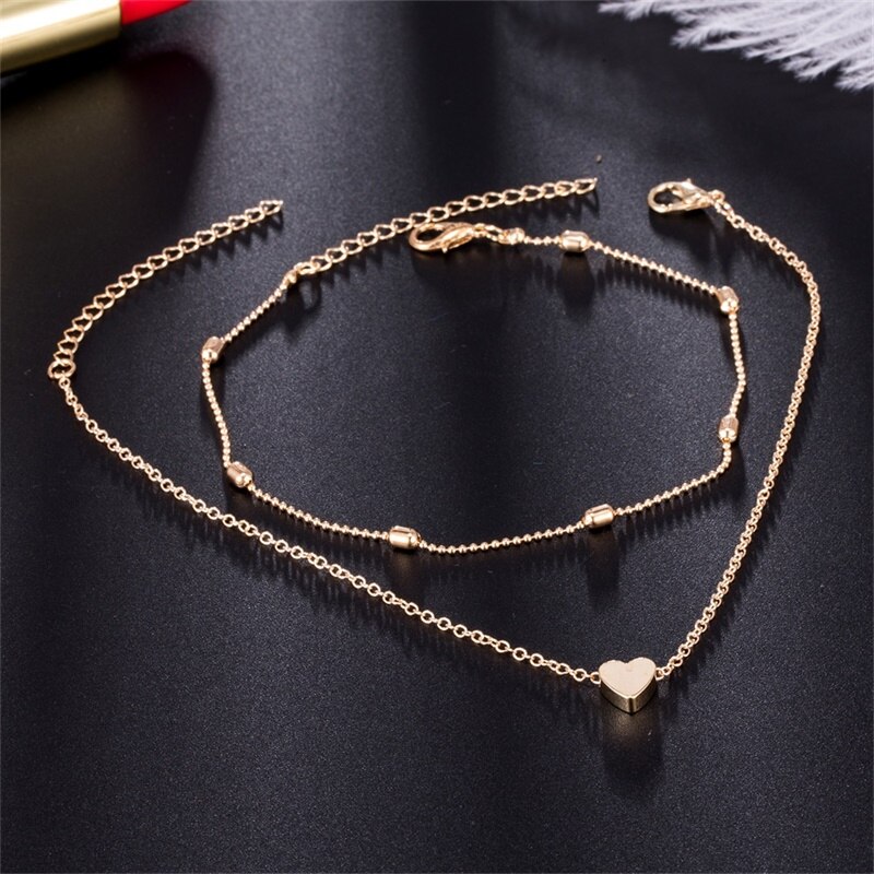 Victoria's Vogue Two Layers Chain Heart Style Gold/Silver Color Anklets For Women Bracelets Summer Barefoot Sandals Jewelry On Foot Leg Chai