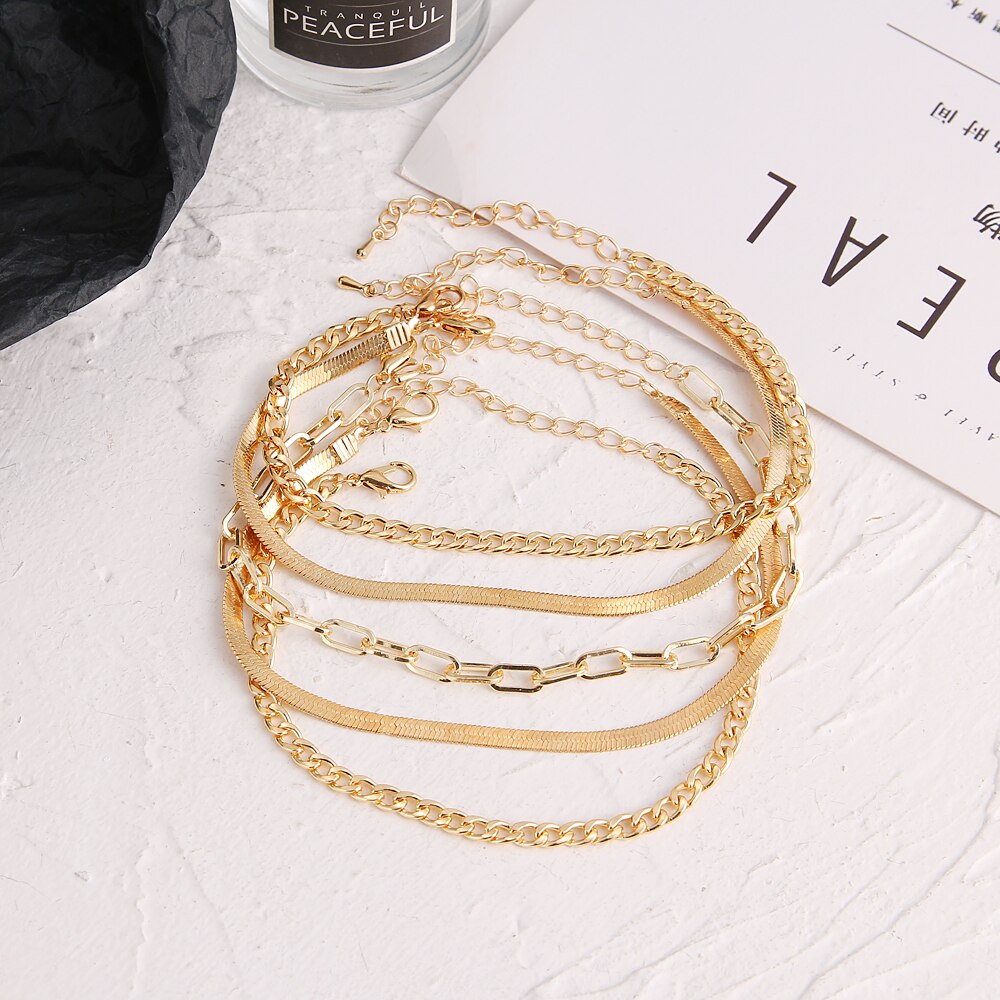 Victoria's Vogue 5pcs/set Gold Color Simple Chain Anklets For Women Beach Foot Jewelry Leg Chain Ankle Bracelets Women Accessories