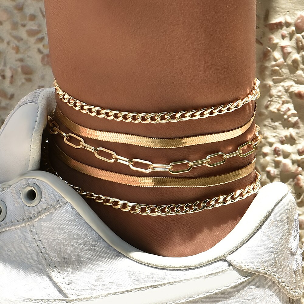 Victoria's Vogue 5pcs/set Gold Color Simple Chain Anklets For Women Beach Foot Jewelry Leg Chain Ankle Bracelets Women Accessories