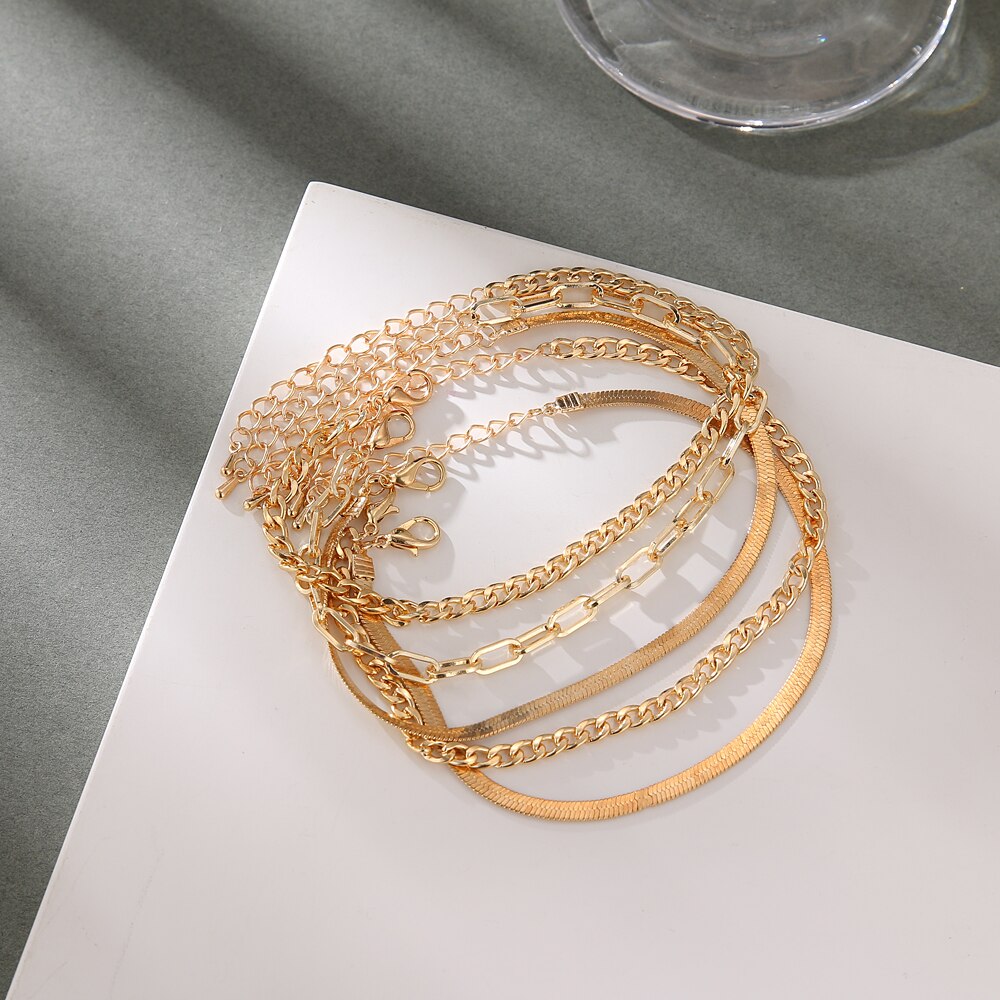 Victoria's Vogue 5pcs/set Gold Color Simple Chain Anklets For Women Beach Foot Jewelry Leg Chain Ankle Bracelets Women Accessories