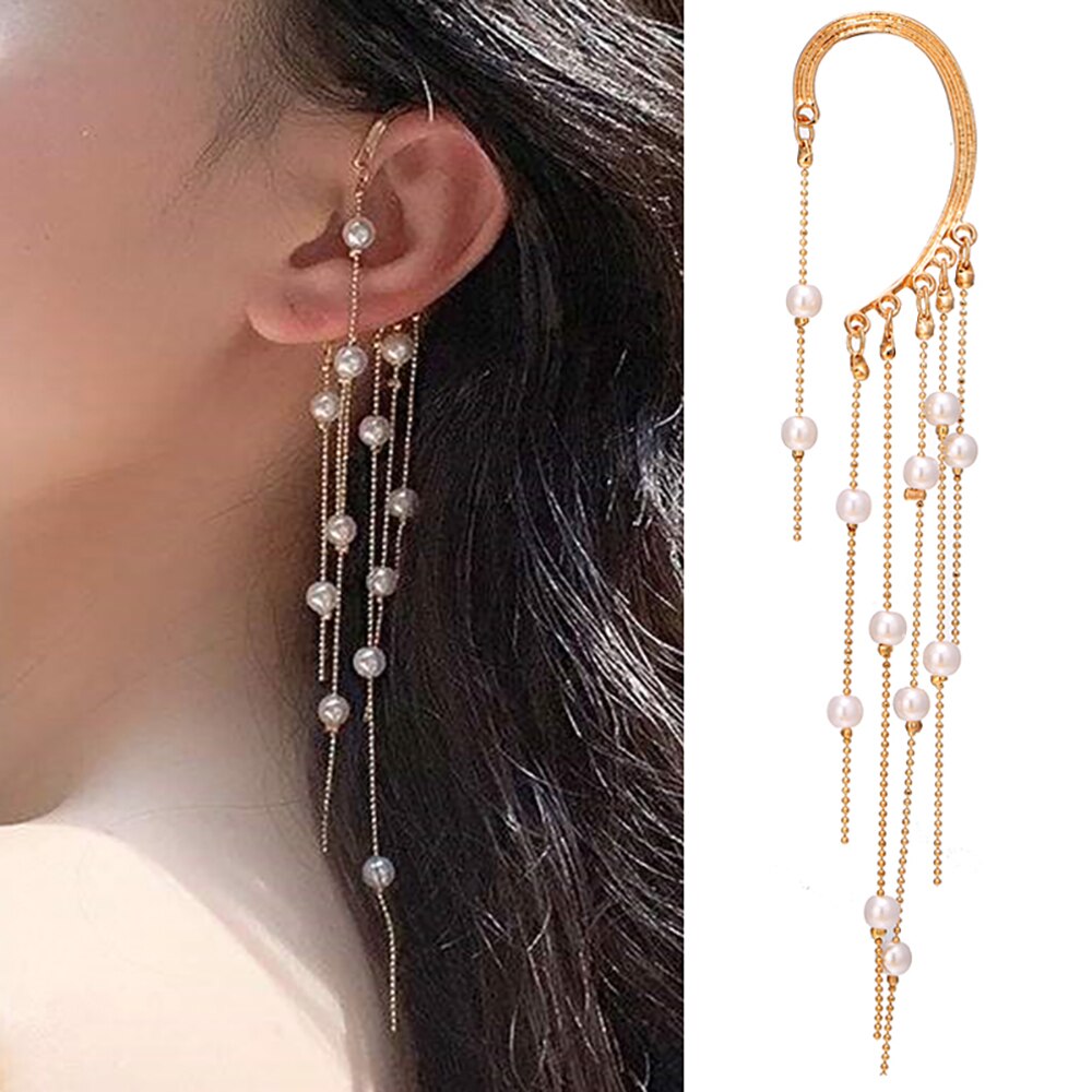 Victoria's Vogue 2021 New Gold Pearl Tassel Earrings Drop Dangle Ear Clip For Women Long Cuff Earring Bohemia Jewelrys