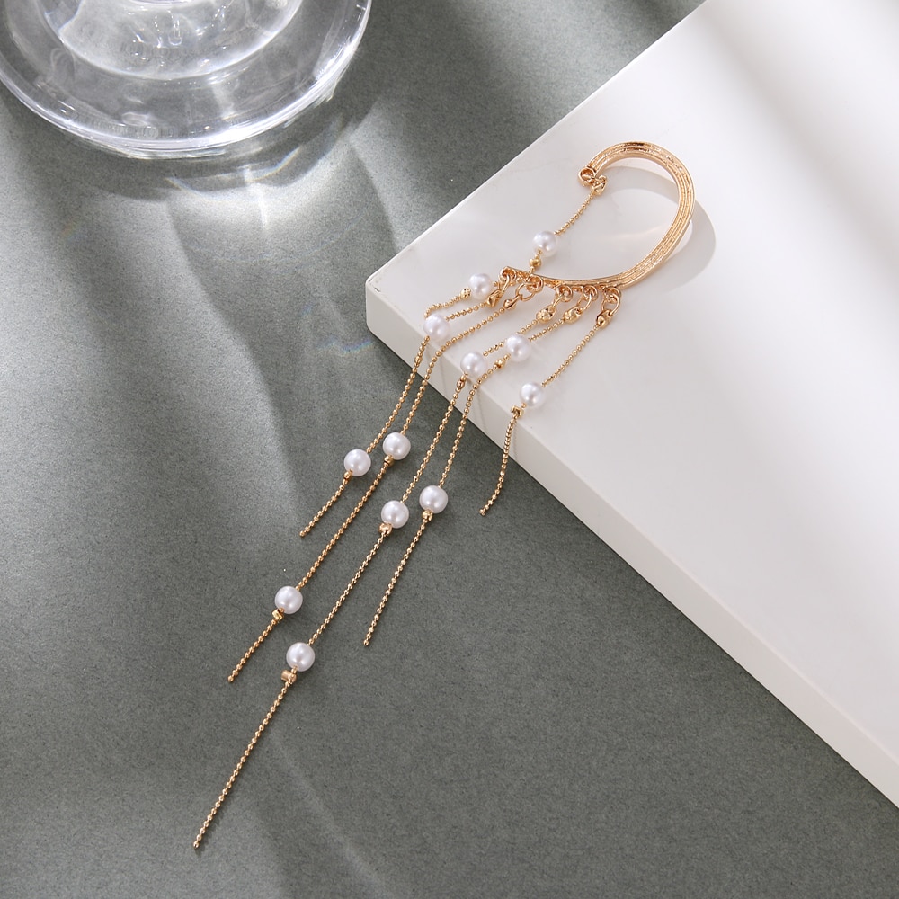 Victoria's Vogue 2021 New Gold Pearl Tassel Earrings Drop Dangle Ear Clip For Women Long Cuff Earring Bohemia Jewelrys